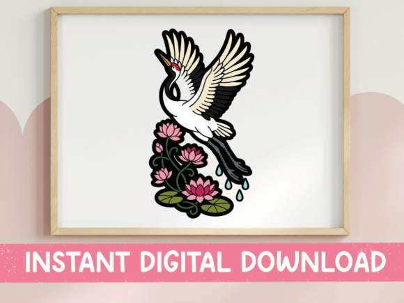 Japanese Crane Lotus Flower Sticker: A Design Asset for Refined Branding
