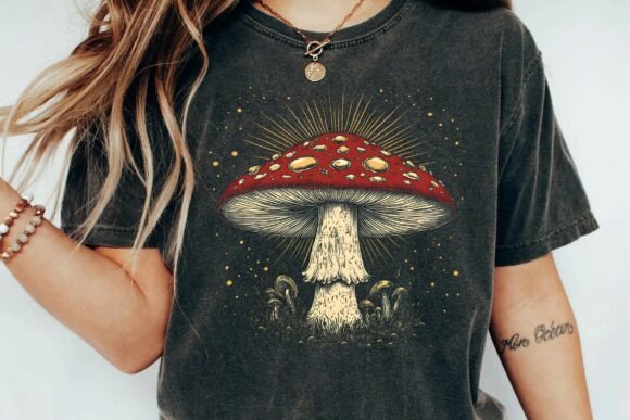 Vintage Aesthetic Magic Mushroom Celestial Sunburst Graphic PNG